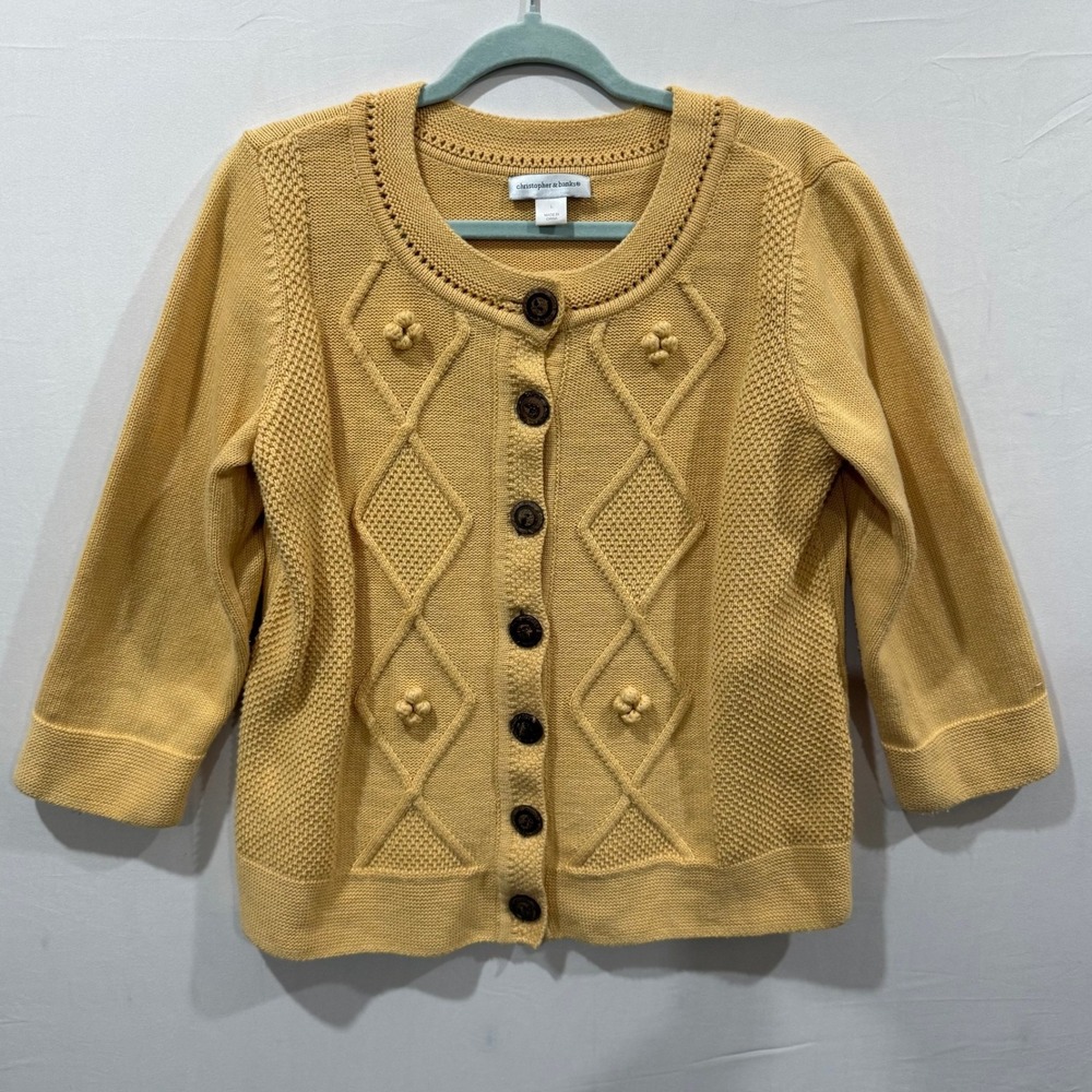 Christopher & Banks Yellow Cotton Diamond Cable Knit Cardigan Sweater Womens L